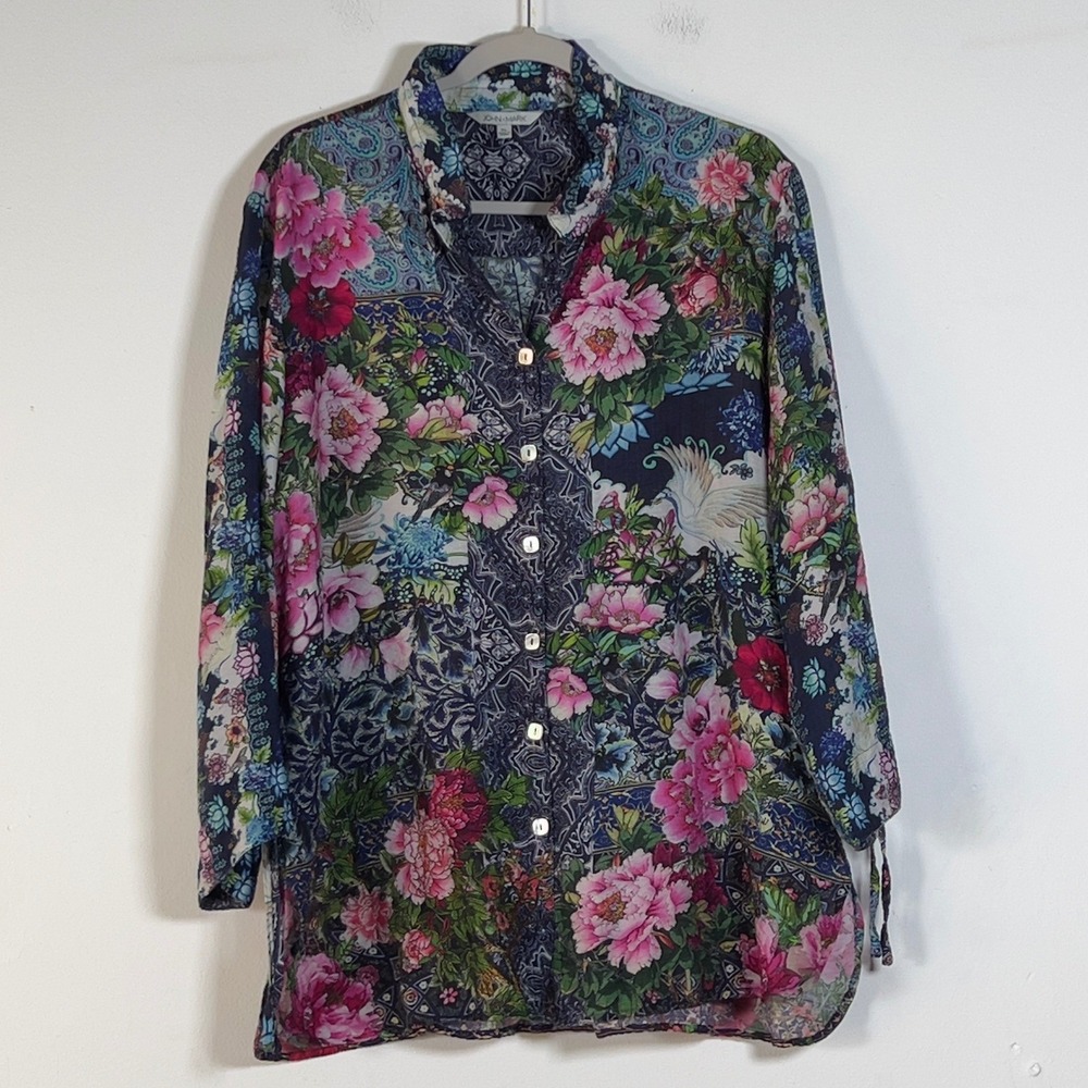 John Mark Wire Collar Tunic Top Womens Sz XL Multicolor Drawcord 3/4 Sleeve